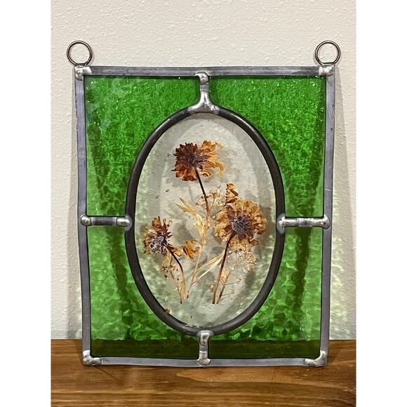 Artist Signed Pressed Flower Stained Glass Panel Oval Cottagecore Decor - Picture 3 of 8
